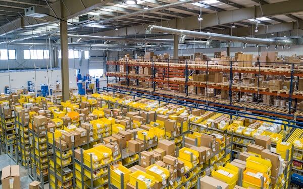 Distribution warehouse with pallet racks and inventory boxes — FMCG wholesale and inventory analytics by Novasoft