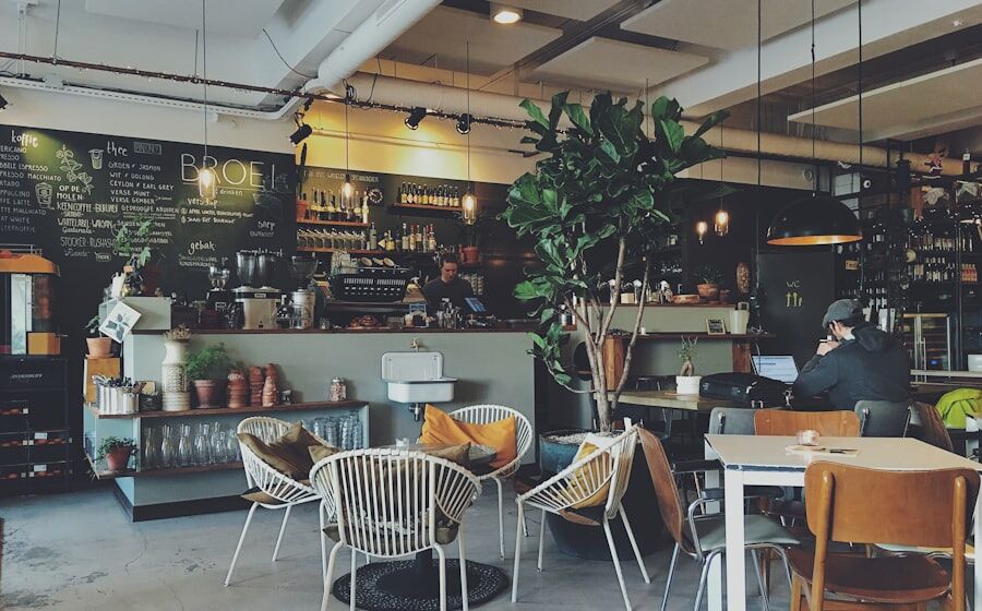 Modern caf&eacute; interior with espresso bar and menu board